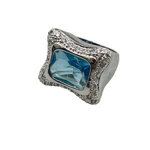 Blue Aquamarine Glass Ring Size 7 Silver Tone Free Form Modernist Ring